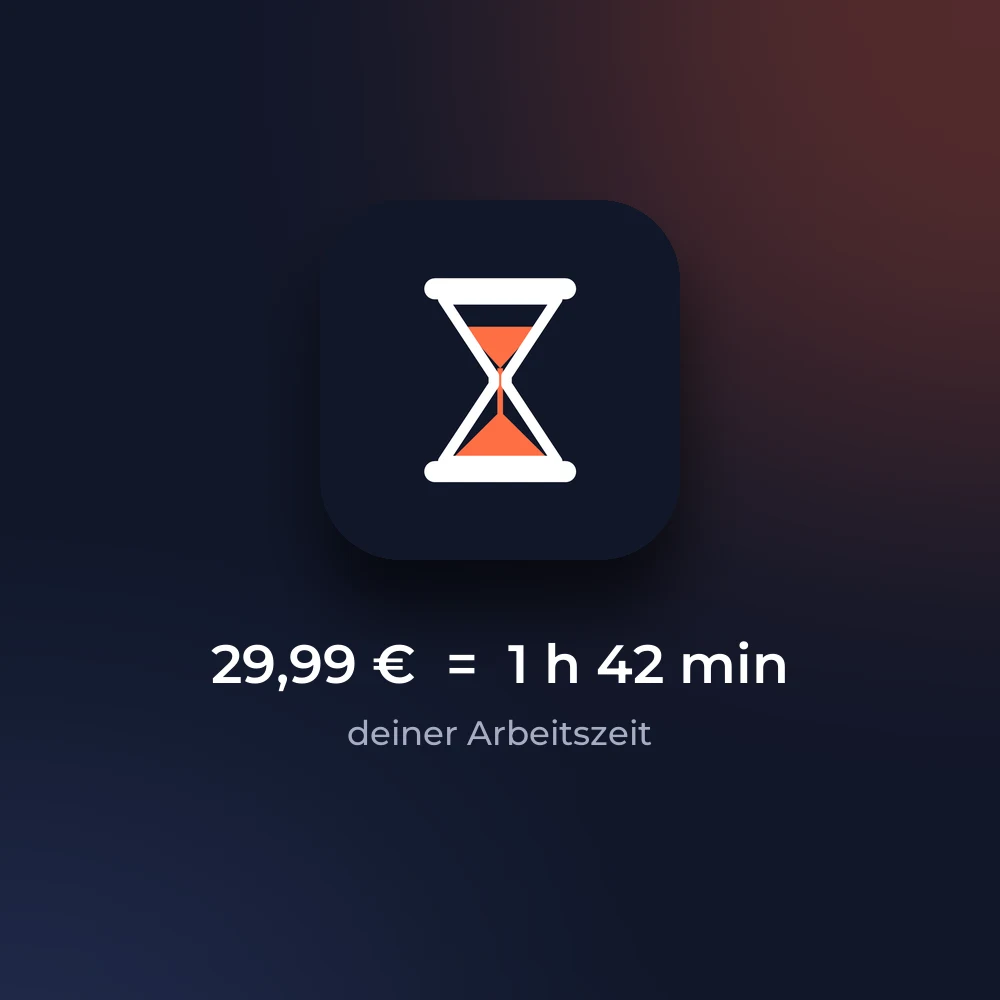 Horalo: App-Symbol mit Sanduhr, darunter das Beispiel 29,99 € entsprechen 1 h 42 min Arbeitszeit