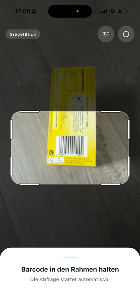 SiegelBlick: Kamera-Ansicht mit Rahmen für den Barcode
