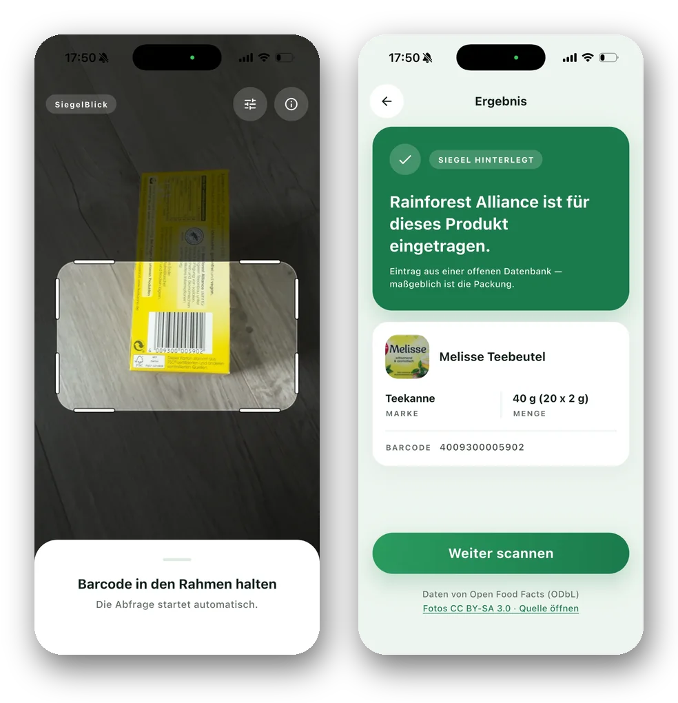 SiegelBlick auf dem iPhone: Barcode-Scan und Ergebnis mit eingetragenem Siegel