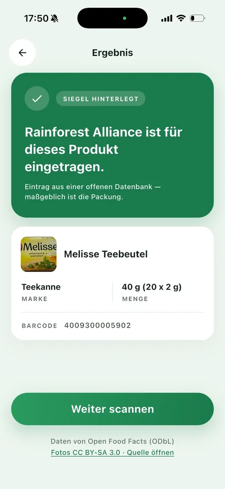 SiegelBlick-Ergebnis mit grüner Fläche: Rainforest Alliance ist für dieses Produkt eingetragen. Darunter der Hinweis, dass der Eintrag aus einer offenen Datenbank stammt und die Packung maßgeblich ist