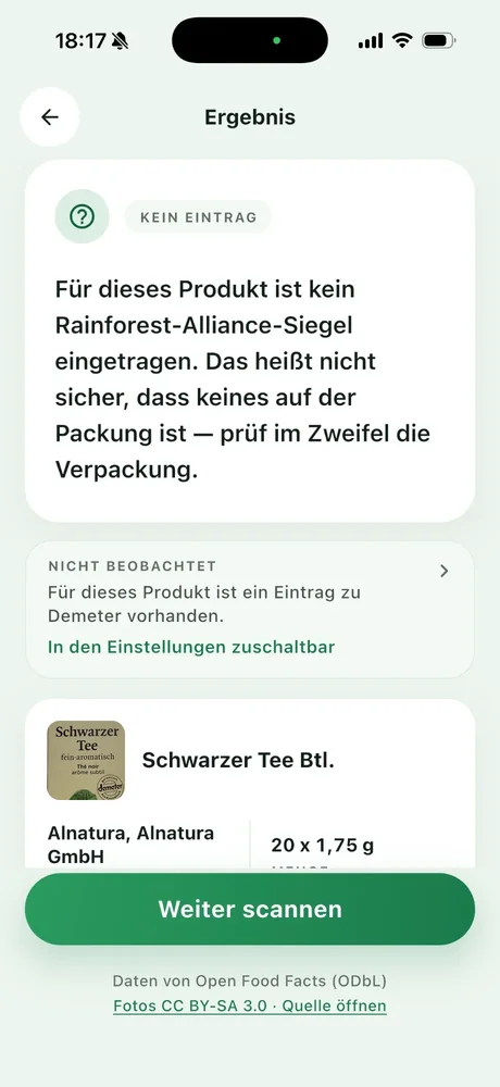 SiegelBlick-Ergebnis mit neutraler Fläche: Für das Produkt ist kein Siegel eingetragen. Das heißt nicht sicher, dass keines auf der Packung ist