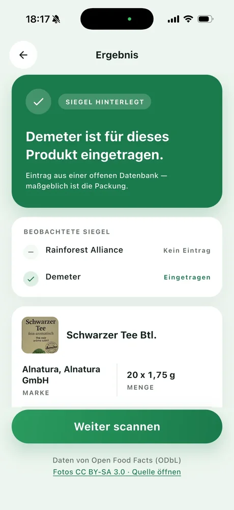 SiegelBlick-Ergebnis mit Aufschlüsselung: welche der beobachteten Siegel eingetragen sind und welche nicht
