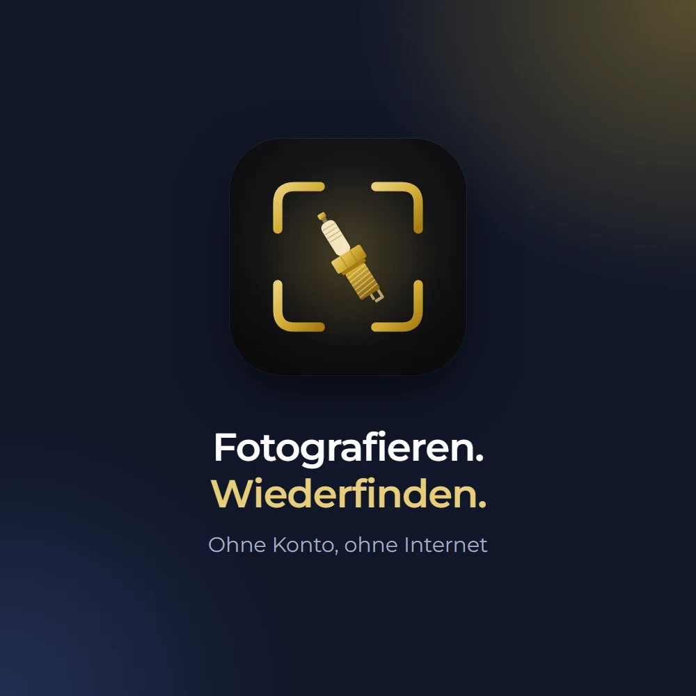 VisionLayer Pocket: App-Symbol mit goldenem Kamerarahmen, darunter Fotografieren. Wiederfinden.